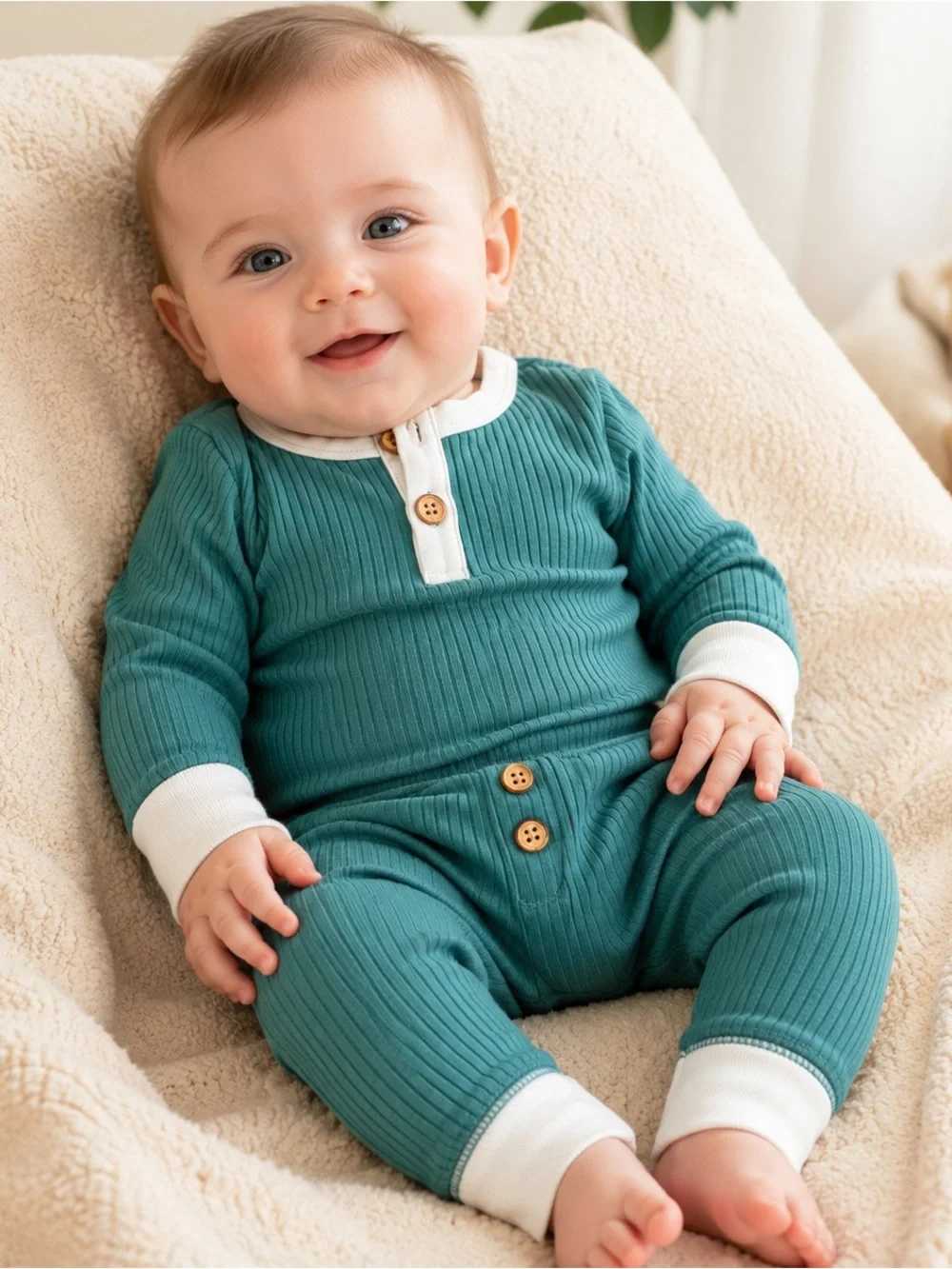 Baby Cat & Jack Newborn Teal Ribbed 2 Piece Outfit Set White Trim #1348